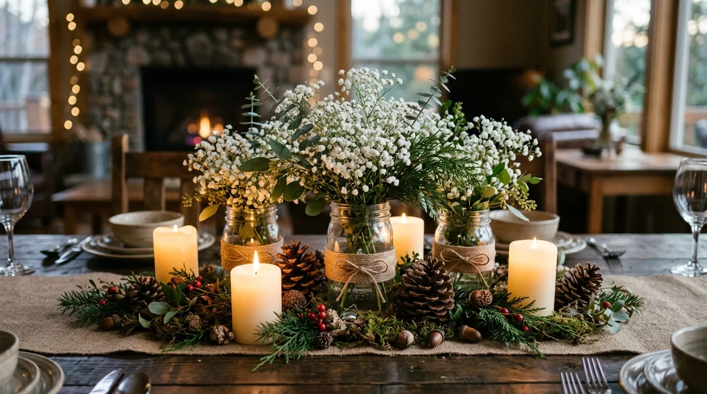 Woodland table centerpiece with pinecones, candles, and baby's breath in mason jars