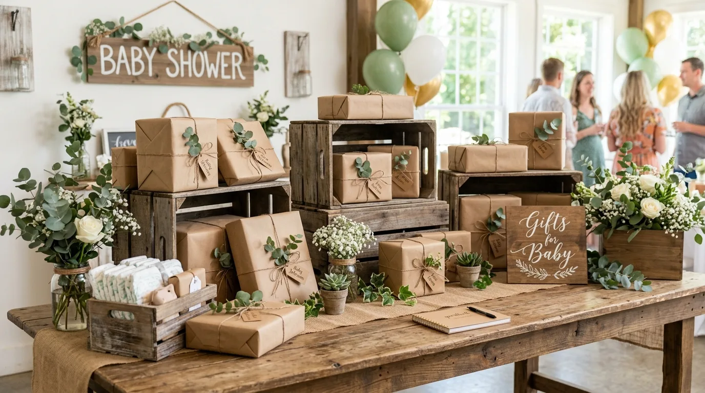 Baby shower gift table with kraft paper wrapping, greenery accents, and rustic wooden crates