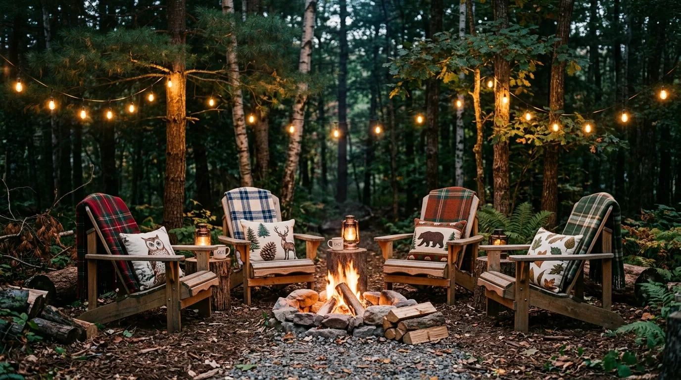 Woodland themed seating area with wooden chairs, plaid blankets, and forest inspired cushions