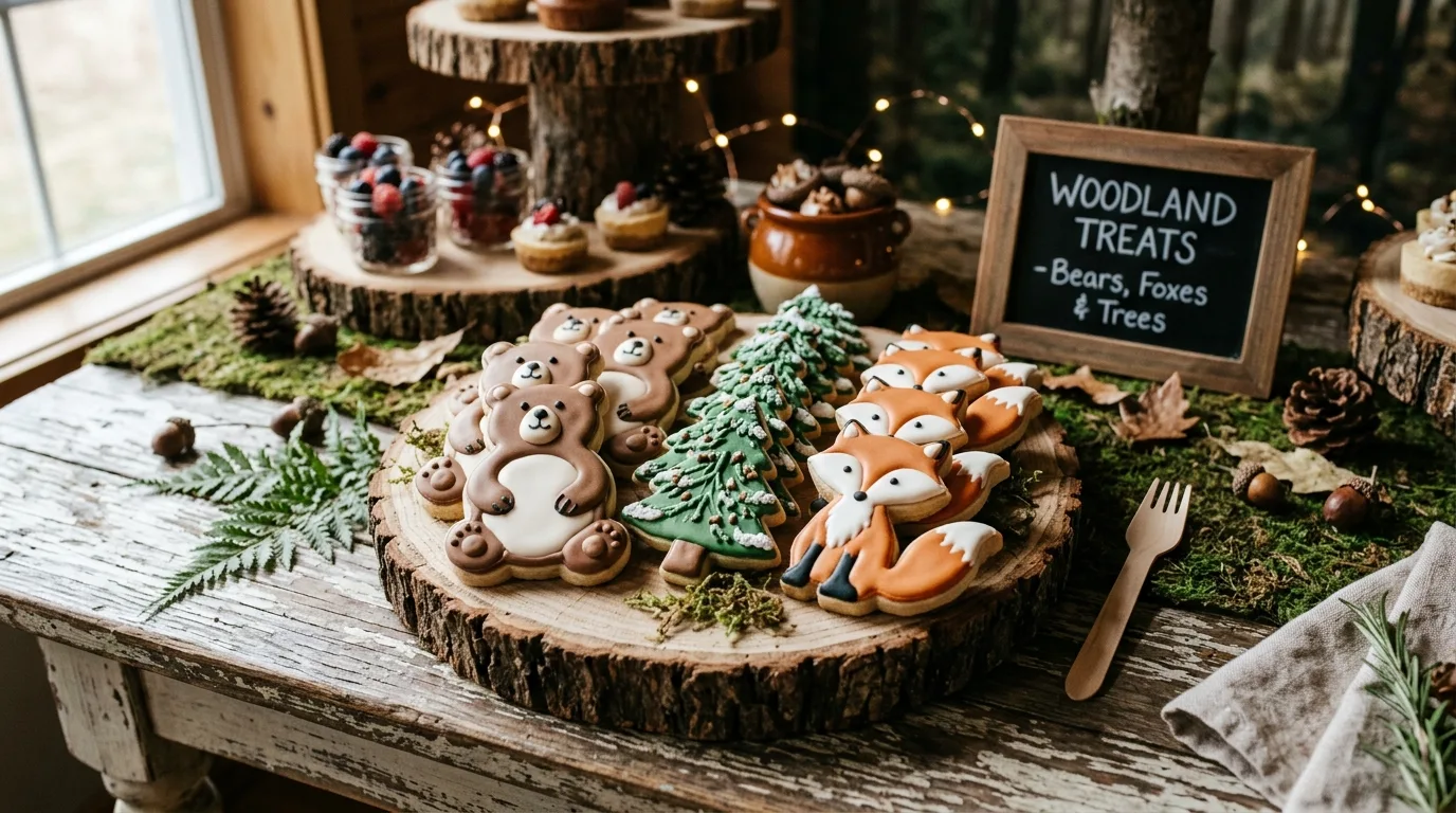 Dessert buffet with woodland cookies shaped like bears, foxes, and trees on rustic display
