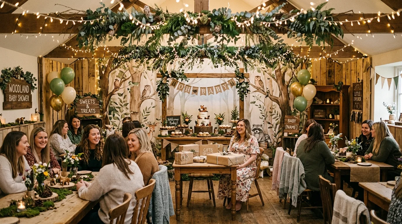 Cozy indoor woodland baby shower with fairy lights, forest backdrop, and natural wood decor