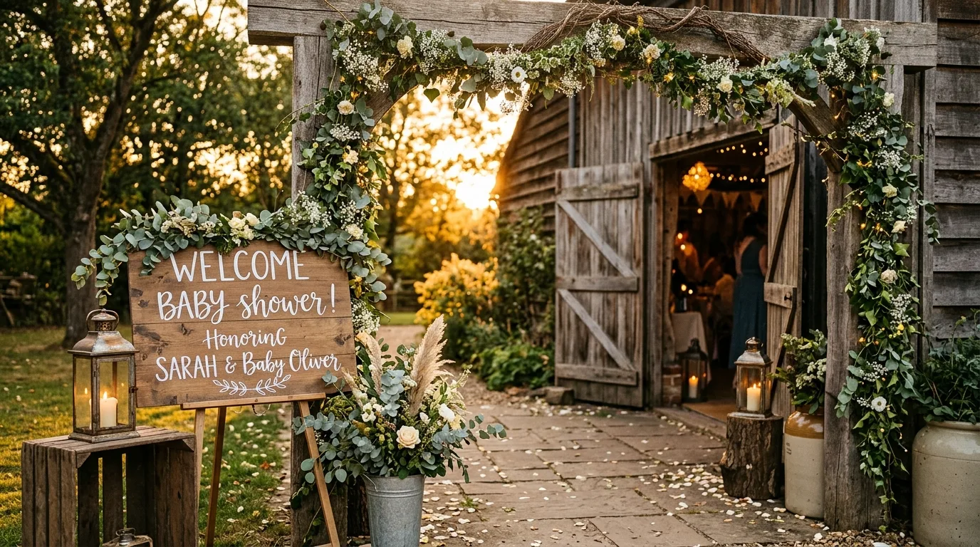 Rustic baby shower entrance with wooden welcome sign, greenery garland, and lanterns