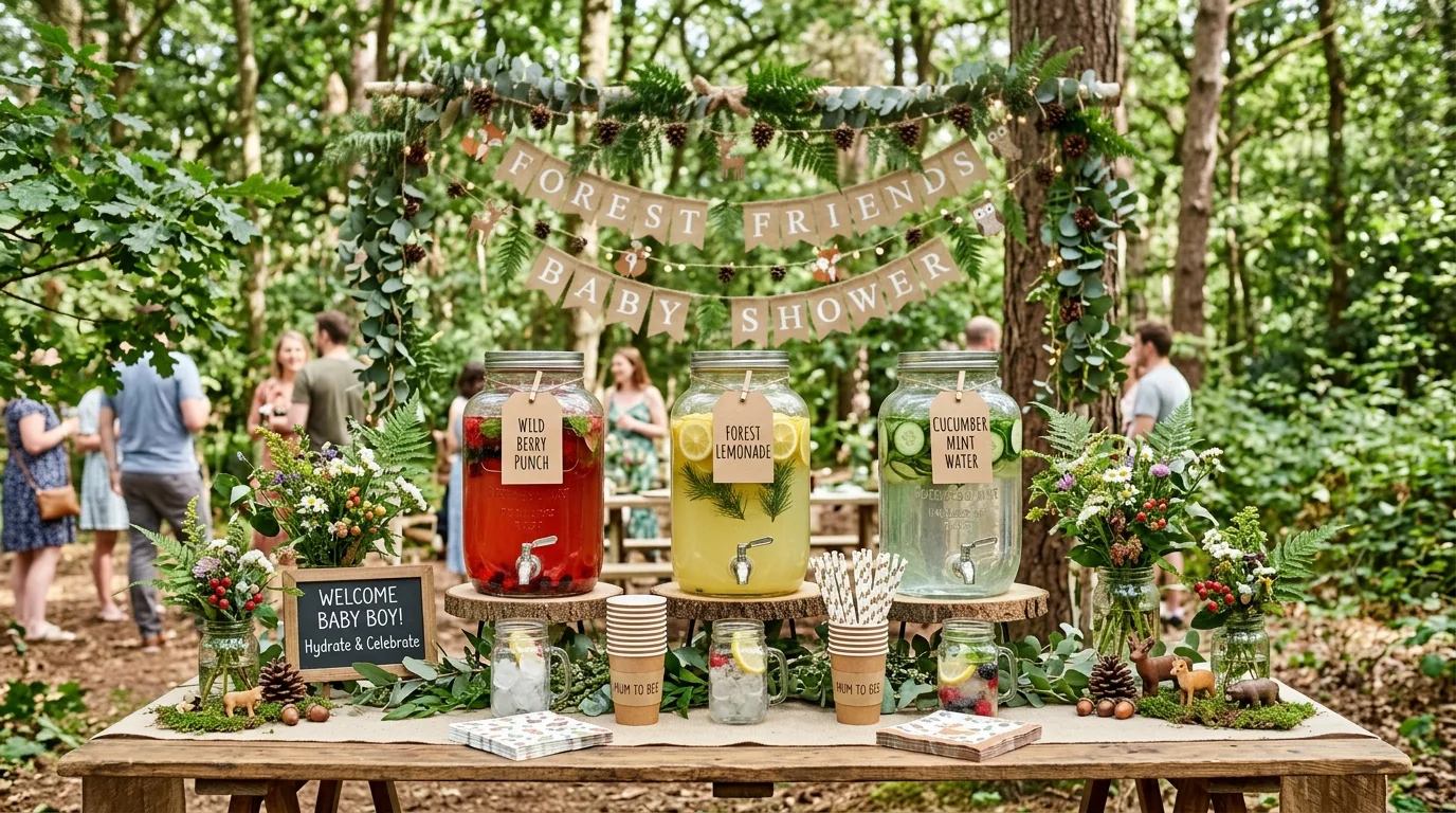 Woodland baby shower drink station with glass jars, labeled drinks, and nature inspired decor