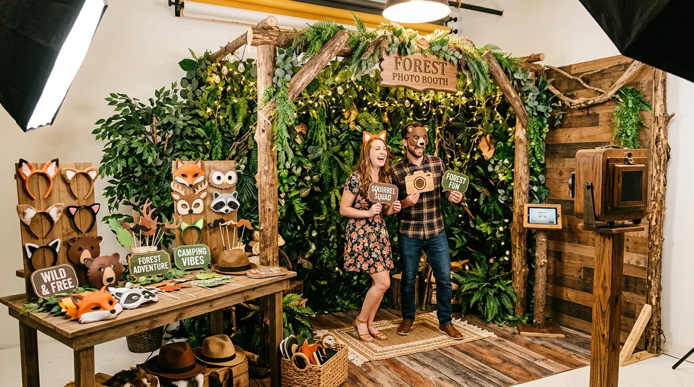 Forest themed photo booth with animal props, leafy backdrop, and wooden accents
