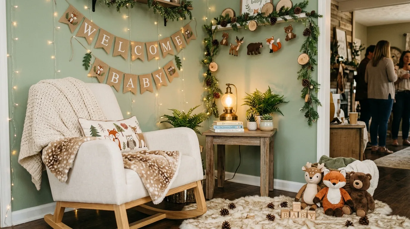 Woodland nursery style baby shower corner with rocking chair, soft blankets, and forest decor