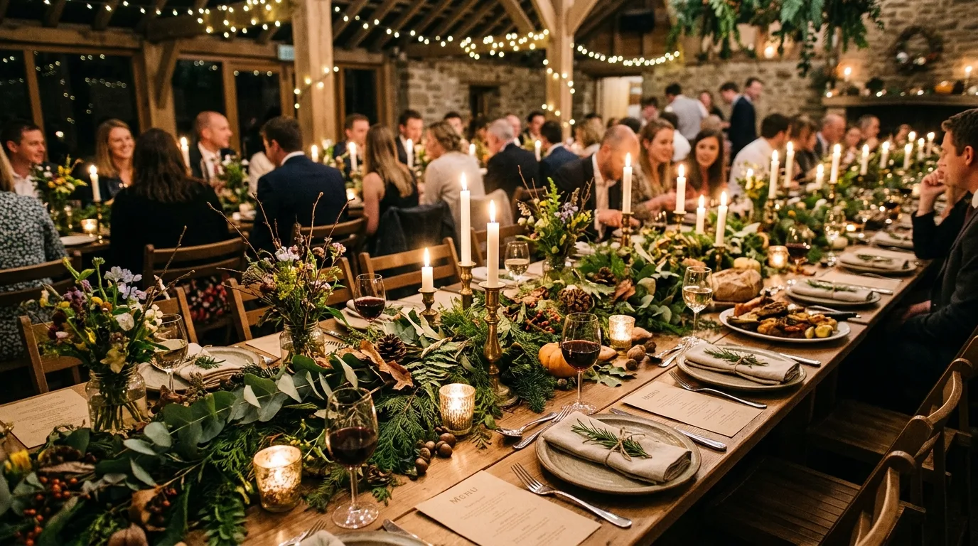 Wide banquet table with rustic woodland baby shower decor, layered greenery, candles, and natural textures