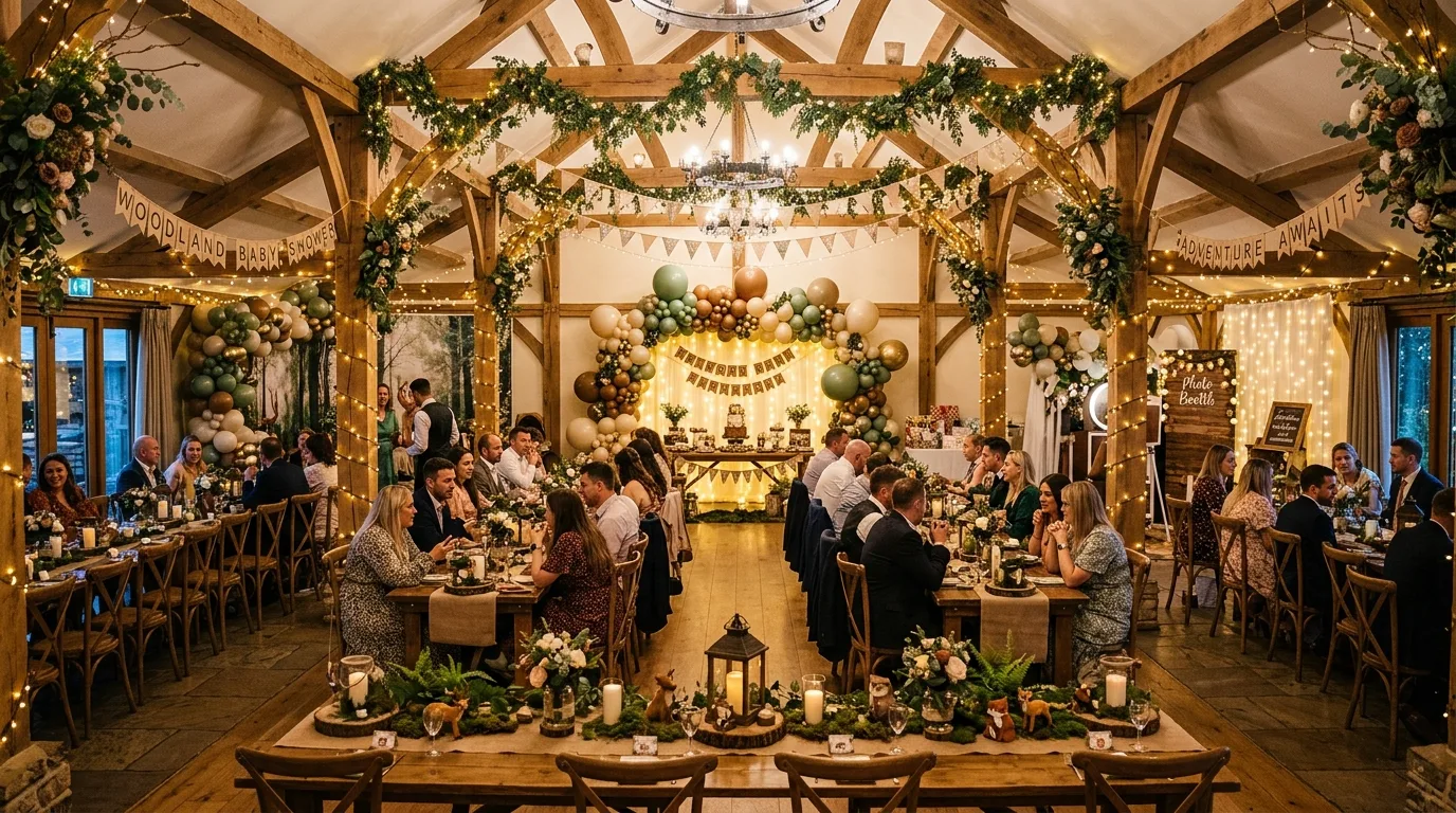 Full venue decorated for woodland baby shower with coordinated forest theme, balloons, wooden decor, and fairy lights