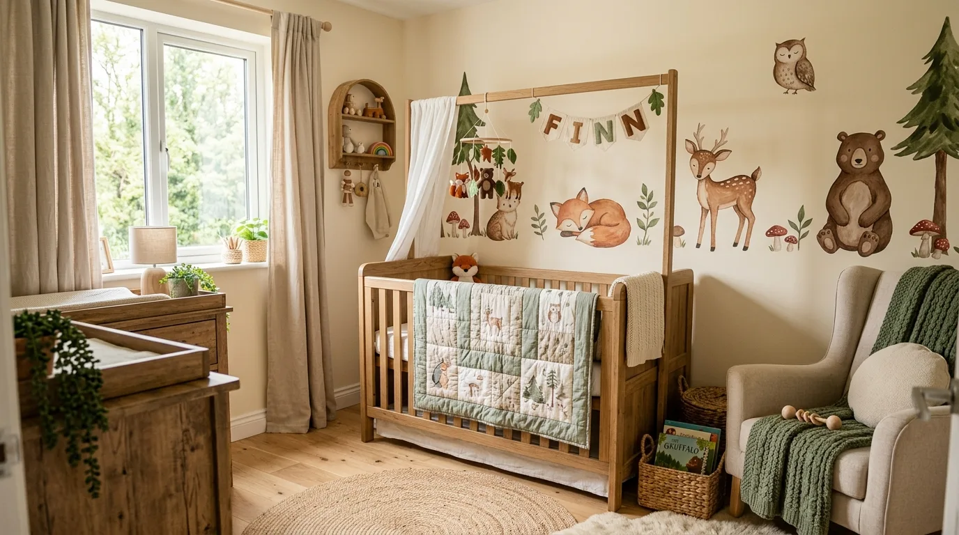 Cozy woodland nursery with wooden crib and forest animal wall decals