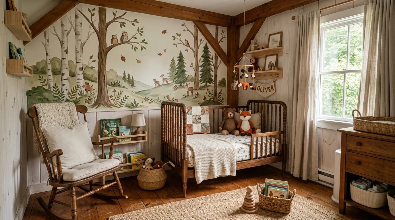Rustic nursery with wooden crib, bear and fox plush toys, and tree mural background