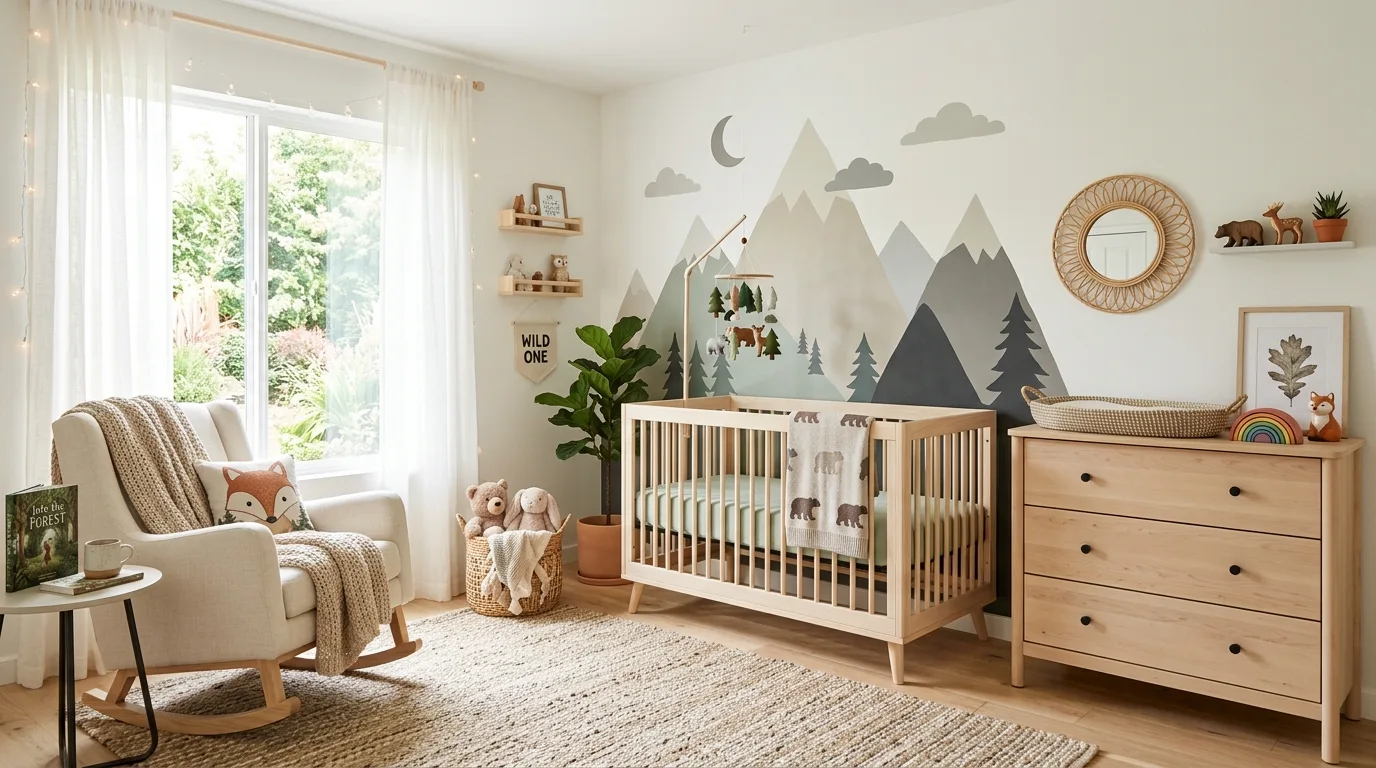 Modern woodland nursery with neutral furniture, mountain wall art, and minimalist forest decor