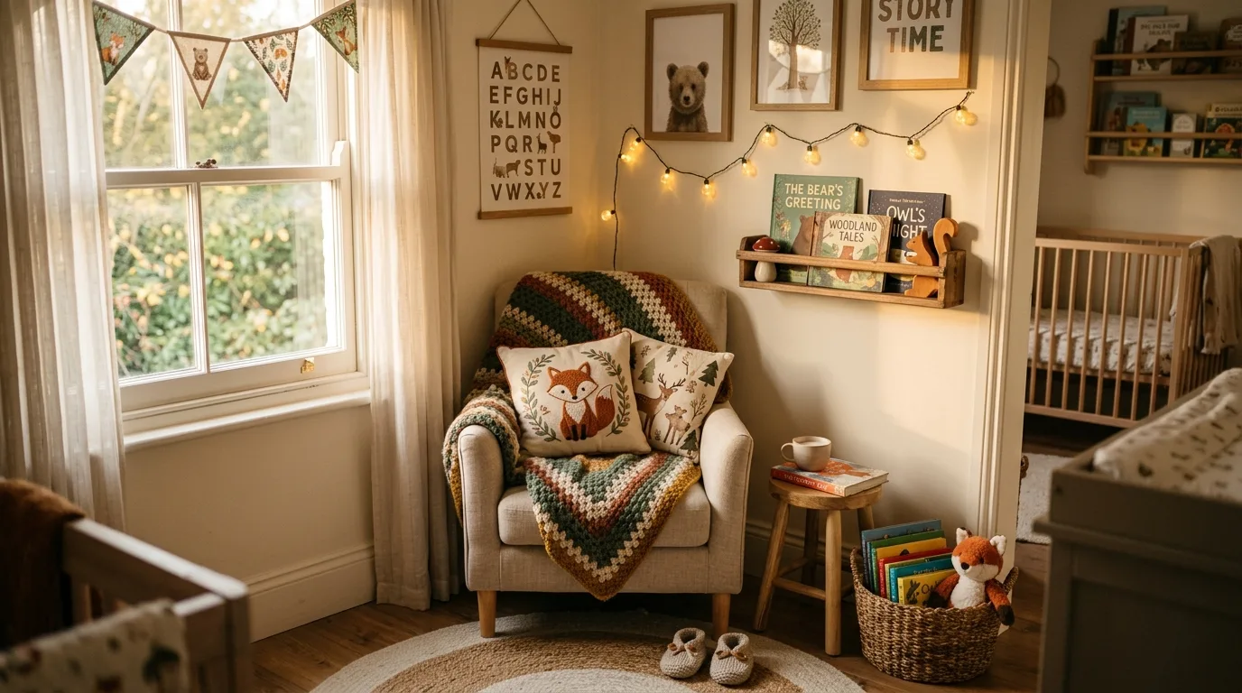 Baby room with woodland themed mobile above crib featuring deer, owls, and leaves