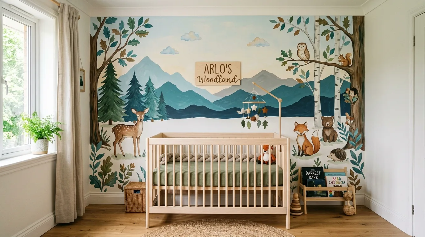 Cozy reading corner in nursery with small chair, knitted blanket, and woodland themed cushions