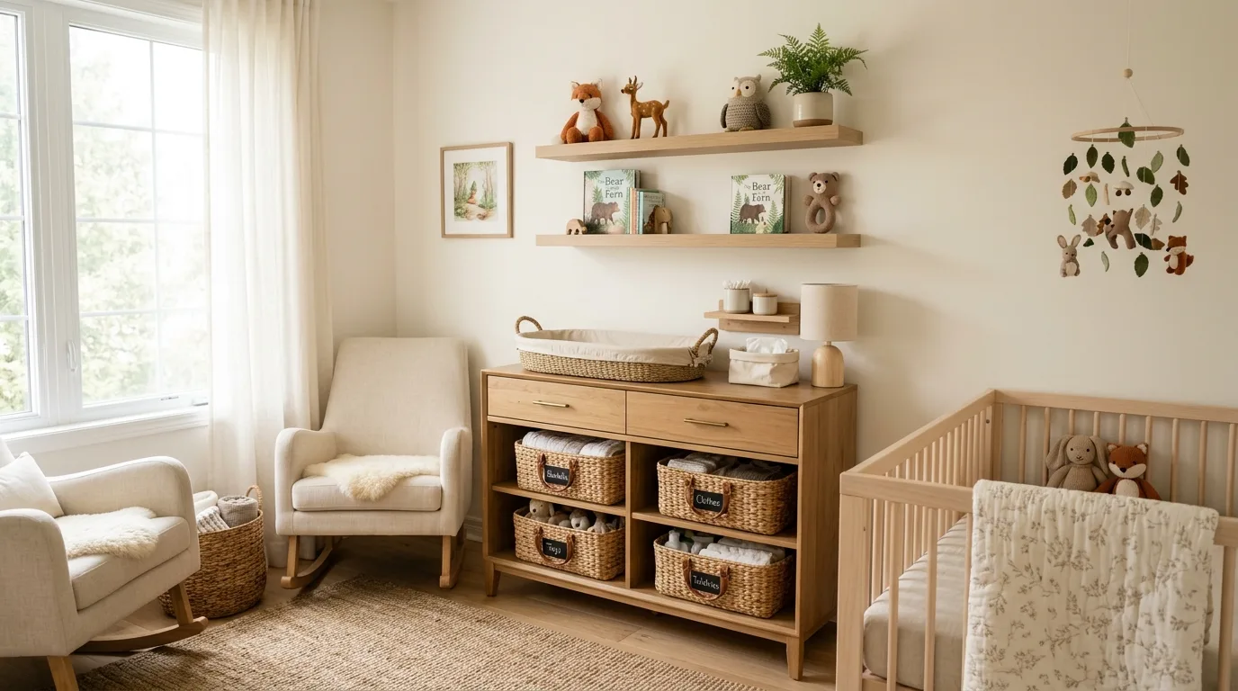Forest inspired nursery wall with painted trees, mountain silhouettes, and animal illustrations
