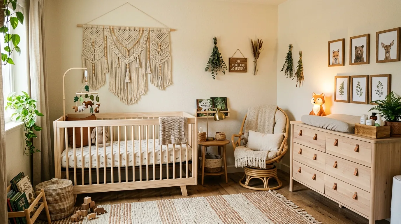 Neutral toned nursery with wicker baskets, wooden shelves, and woodland animal toys