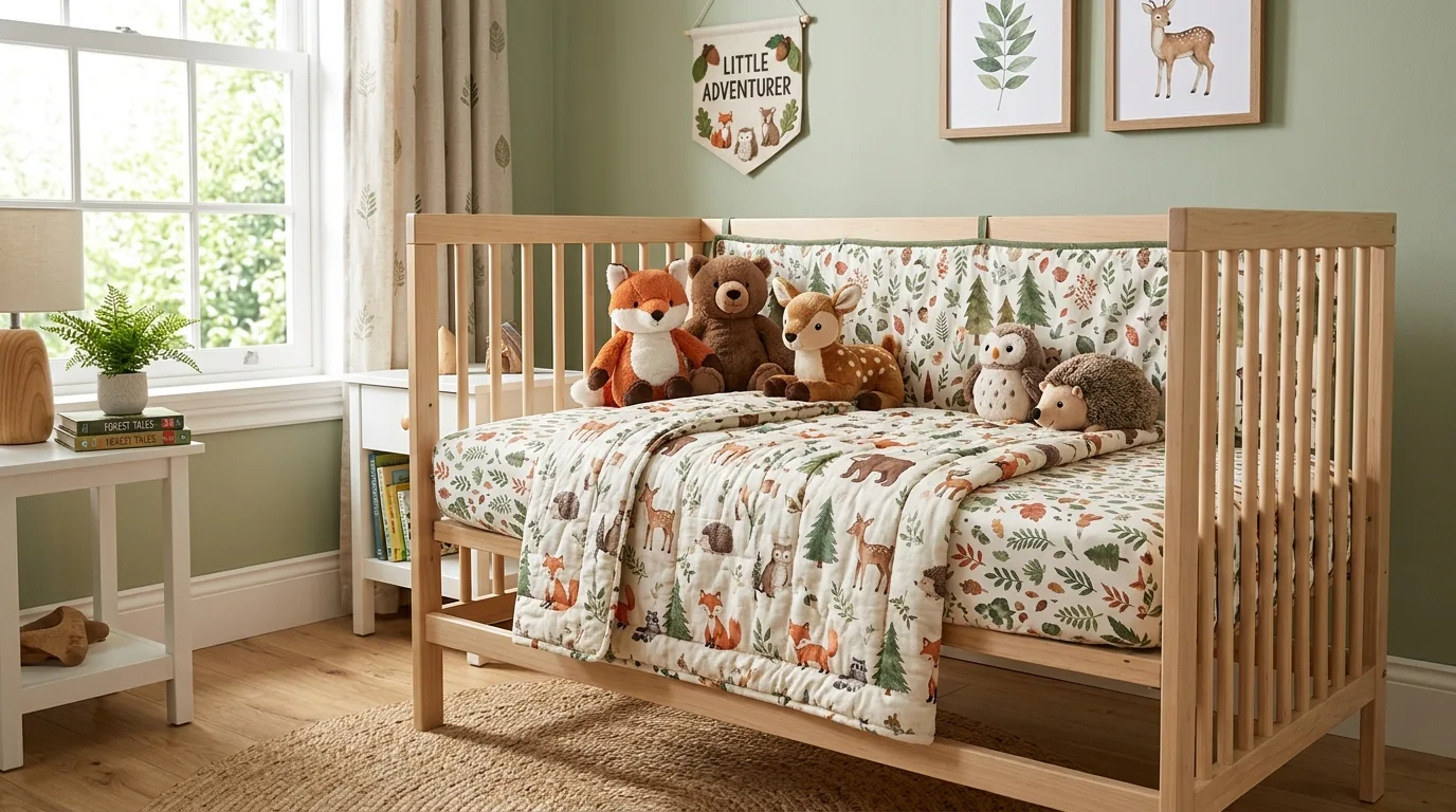 Boho woodland nursery with macrame wall hanging, earthy tones, and natural wood furniture