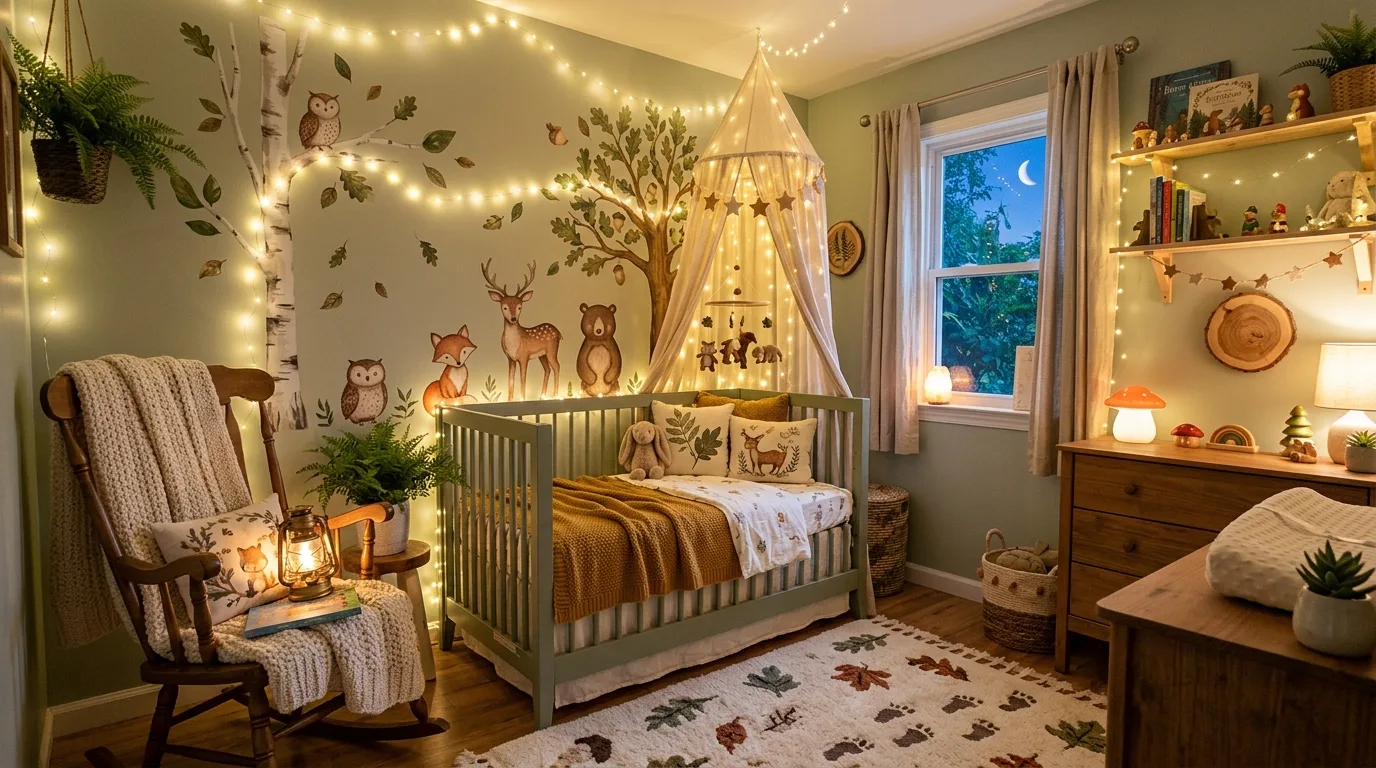 Nursery crib styled with forest bedding, leafy patterns, and plush woodland animals
