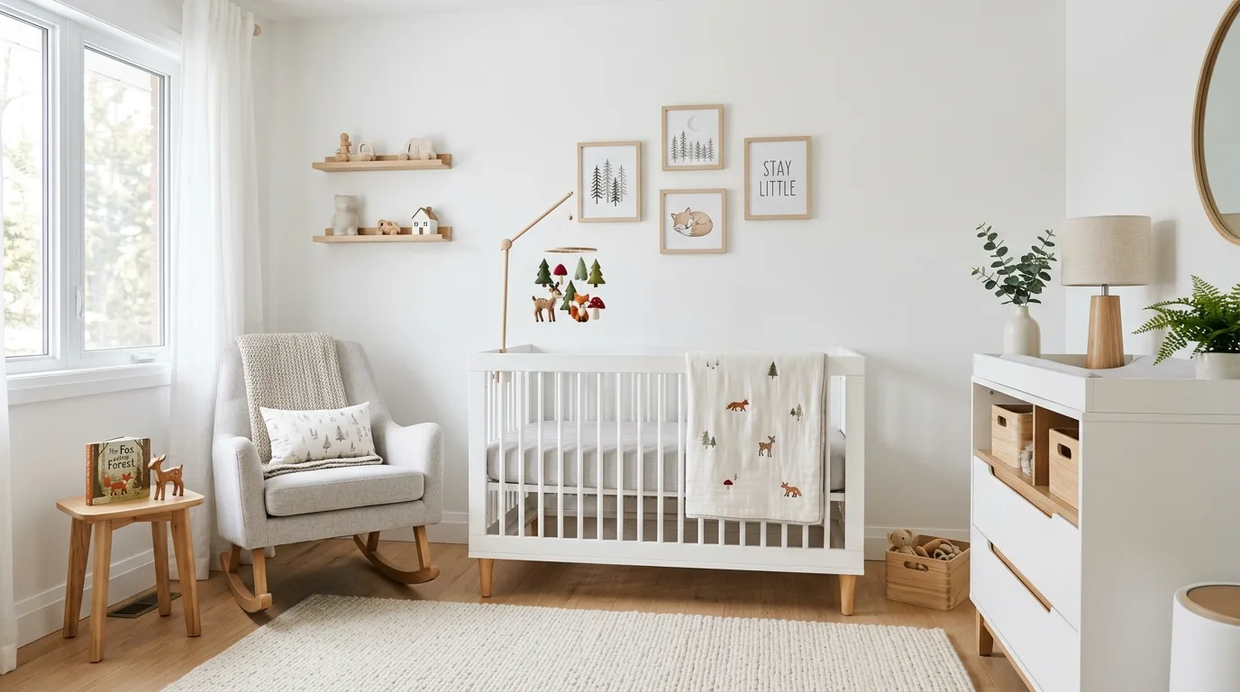 Whimsical woodland nursery with glowing fairy lights, tree decals, and cozy soft textures
