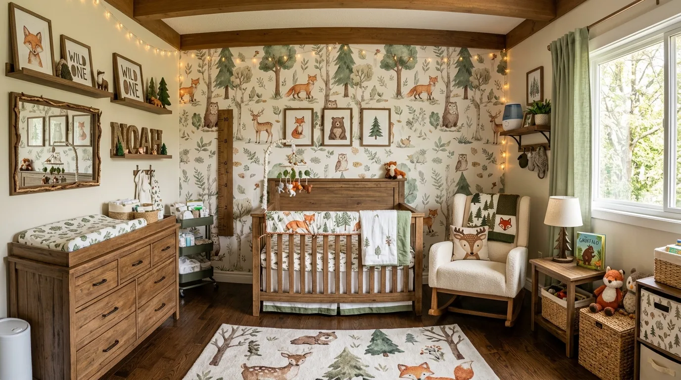 Detailed nursery shelf decorated with small animal figurines, wooden toys, and greenery accents